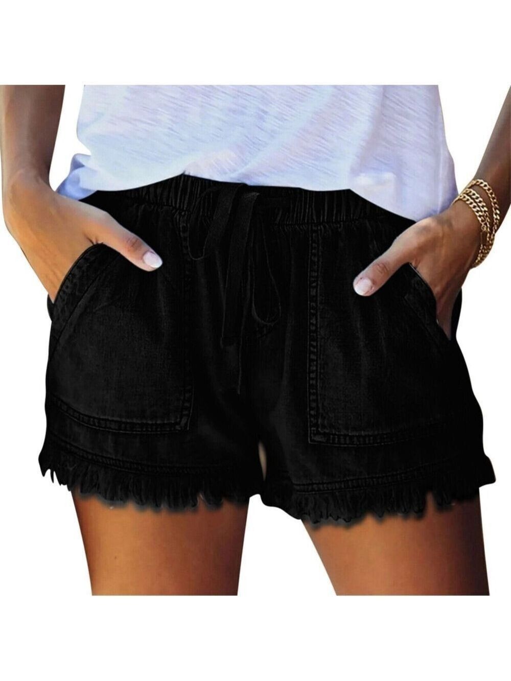 Women Drawstring Denim Shorts Burred Detail Pockets Comfy Baggy in Black Size M